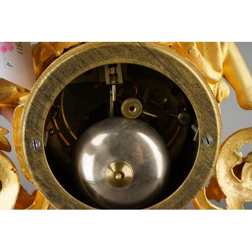 575 - A late 19th Century gilt metal figural mantel clock, with porcelain dial, Roman numerals,  Japy Frer... 