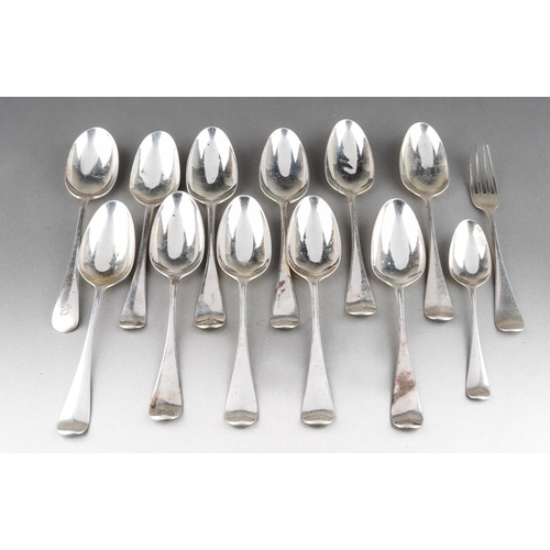 621 - A set of nine George II Hanoverian pattern table spoons, each reverse terminal engraved with a crest... 