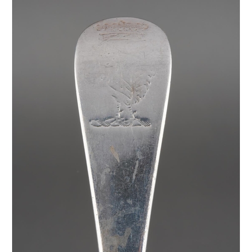 621 - A set of nine George II Hanoverian pattern table spoons, each reverse terminal engraved with a crest... 