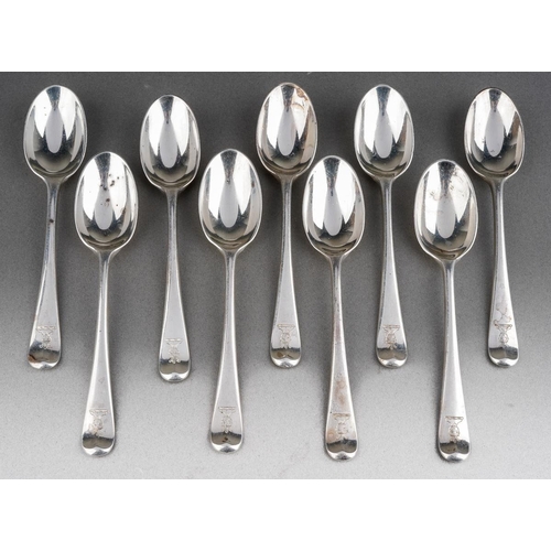 625 - A set of nine Hanoverian Pattern teaspoons, each engraved with a crest, by Tessiers Ltd, London, 196... 
