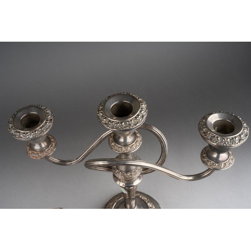 652 - A Dansk novelty pig silver plated paperweight, 5cm and a  pair of Victorian style silver three light... 