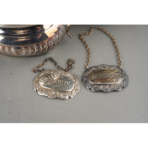 654 - Sheffield Silver plated tea and coffee pot set, large EPNS tankard and 5 drinks labels to include 3 ... 