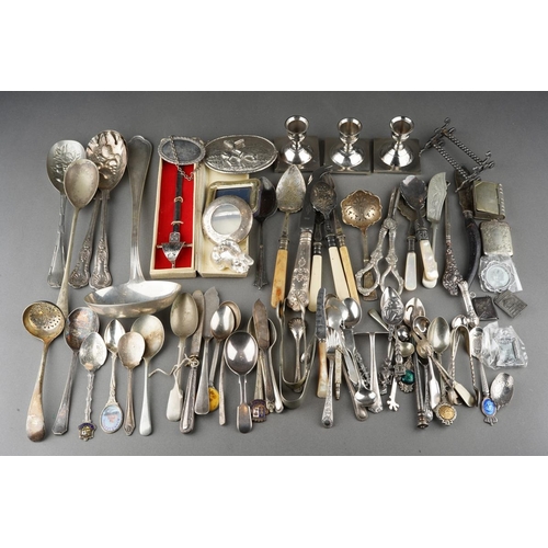 656 - A box of silver and silver plate, including a quantity of silver plated flatware, two small silver m... 