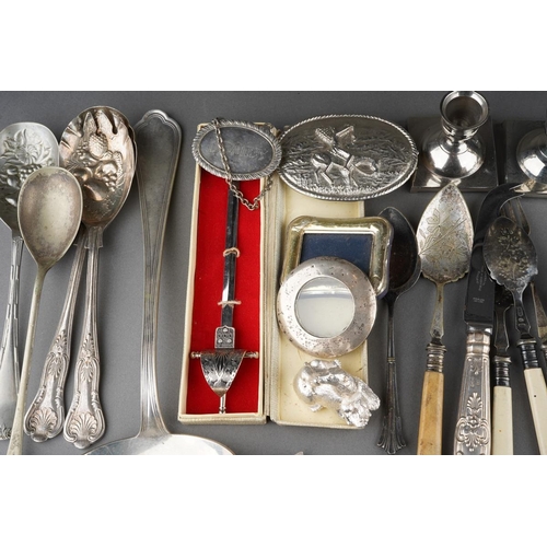 656 - A box of silver and silver plate, including a quantity of silver plated flatware, two small silver m... 