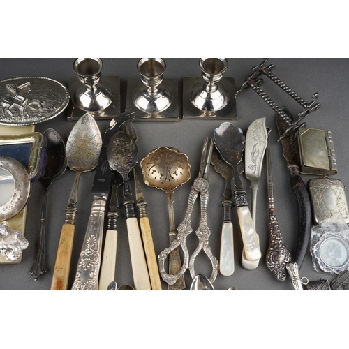 656 - A box of silver and silver plate, including a quantity of silver plated flatware, two small silver m... 