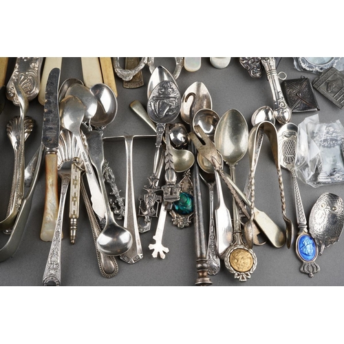 656 - A box of silver and silver plate, including a quantity of silver plated flatware, two small silver m... 