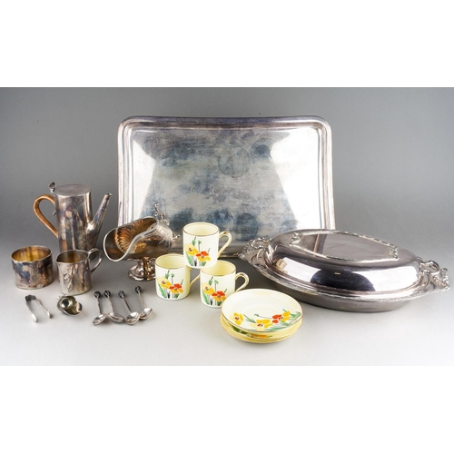 660 - An Art Deco EPNS three piece coffee set including small coffee pot [4 cup/can] with ratan handle, su... 