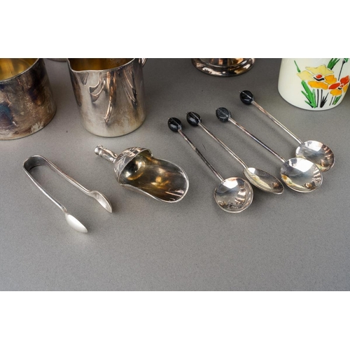 660 - An Art Deco EPNS three piece coffee set including small coffee pot [4 cup/can] with ratan handle, su... 