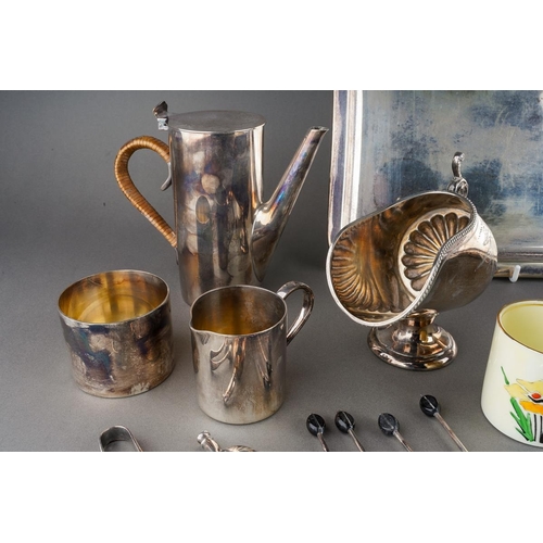 660 - An Art Deco EPNS three piece coffee set including small coffee pot [4 cup/can] with ratan handle, su... 