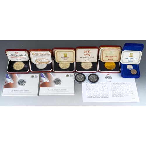 664 - A collection of silver, silver plated and other commemorative coins, including two Royal Mint 2013 T... 