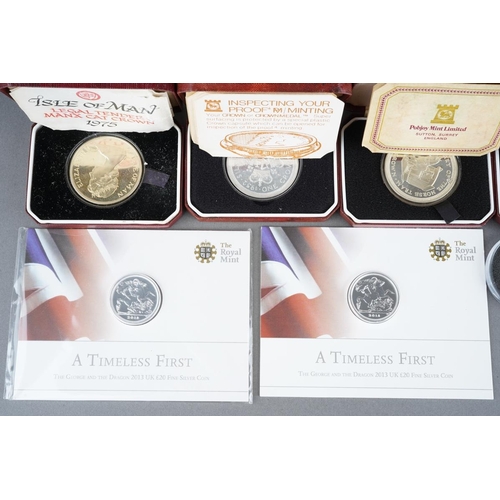 664 - A collection of silver, silver plated and other commemorative coins, including two Royal Mint 2013 T... 