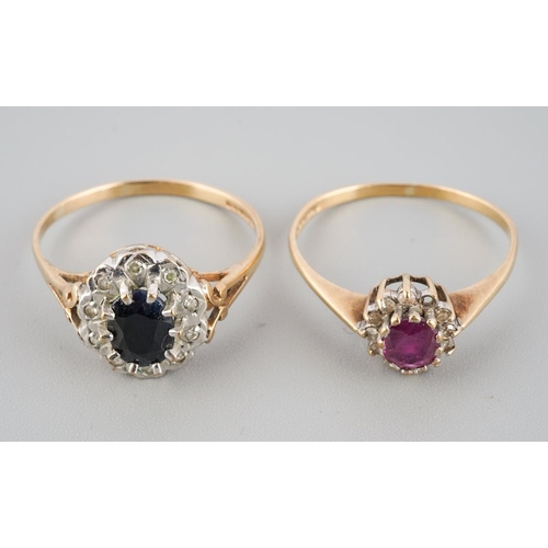 778 - Two 9ct gold gem set and diamond cluster rings. To include a ruby and diamond cluster size P and a s... 