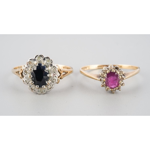 778 - Two 9ct gold gem set and diamond cluster rings. To include a ruby and diamond cluster size P and a s... 