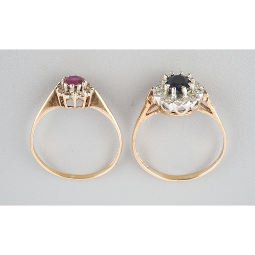 778 - Two 9ct gold gem set and diamond cluster rings. To include a ruby and diamond cluster size P and a s... 