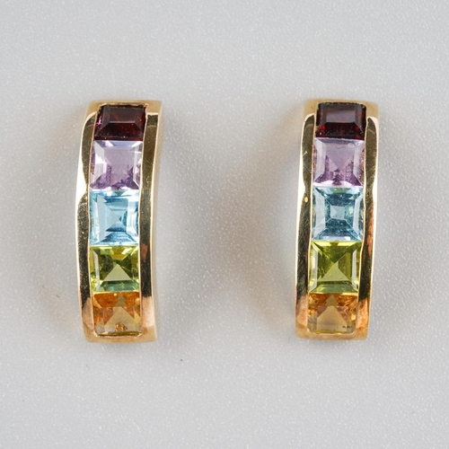 781 - A pair of 9ct gold multi gem set earrings. Hallmarked 9ct gold, approx length 18mm, approx gross wei... 