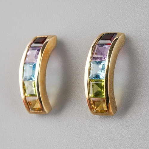 781 - A pair of 9ct gold multi gem set earrings. Hallmarked 9ct gold, approx length 18mm, approx gross wei... 