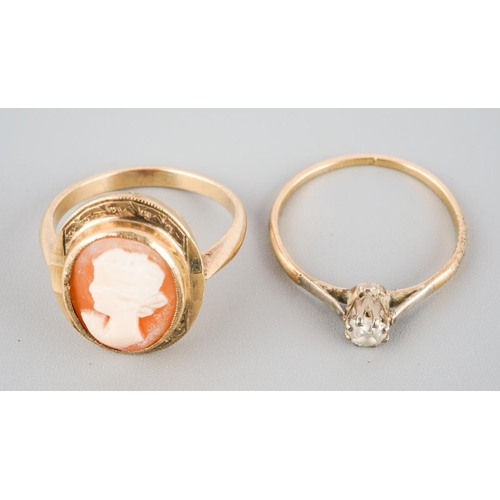 798 - A diamond single stone ring and a cameo ring. The diamond ring set with an old cut diamond (ring sta... 