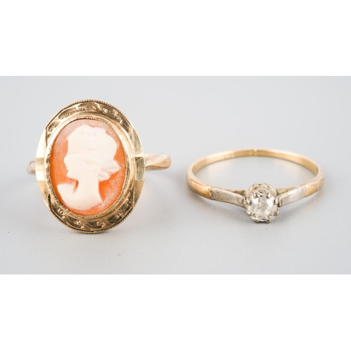 798 - A diamond single stone ring and a cameo ring. The diamond ring set with an old cut diamond (ring sta... 