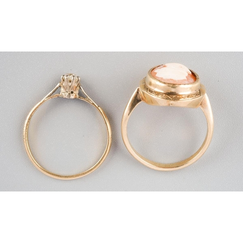 798 - A diamond single stone ring and a cameo ring. The diamond ring set with an old cut diamond (ring sta... 