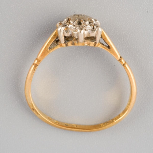 806 - An 18ct gold diamond cluster ring. Hallmarked 18ct gold, approx ring size I (shank bent out of shape... 