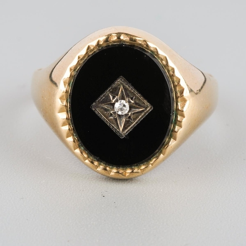863 - A 9ct gold diamond and onyx signet ring. Hallmarked 9ct gold,  approx ring size P, approx gross weig... 