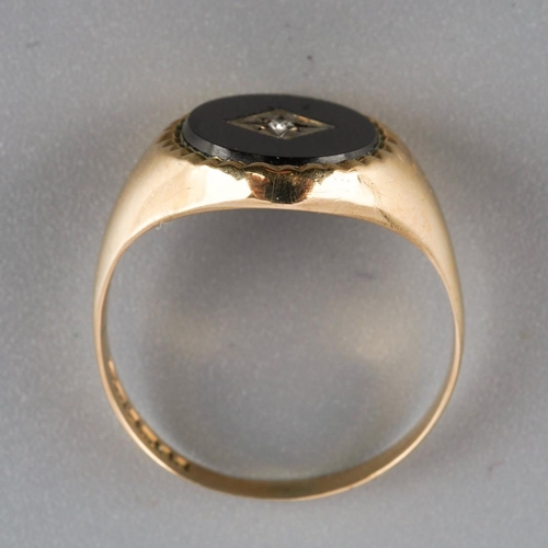 863 - A 9ct gold diamond and onyx signet ring. Hallmarked 9ct gold,  approx ring size P, approx gross weig... 