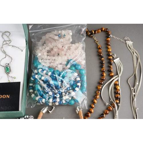 898 - A group of costume jewellery to include tiger eye necklace, jade pendant, novelty bug brooches, watc... 