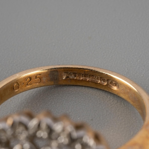 934 - A 9ct gold diamond cluster ring. Hallmarked 9ct gold, stamped 0.25, approx ring size G 1/2, approx g... 