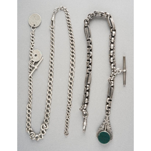 944 - Two silver albert chains with T bar attachment and an agate set fob, gross total weight approx. 102g