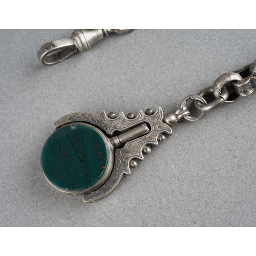 944 - Two silver albert chains with T bar attachment and an agate set fob, gross total weight approx. 102g