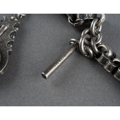 944 - Two silver albert chains with T bar attachment and an agate set fob, gross total weight approx. 102g