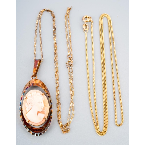 978 - A shell cameo pendant and two chains. Pendant and one chain hallmarked 9ct gold, one chainstamped 37... 