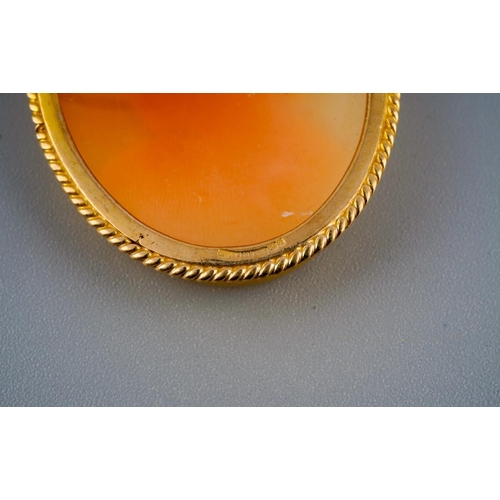 979 - Two cameo brooches. To include a late 19th century shell cameo brooch depicting a Bacchante within a... 