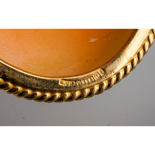 979 - Two cameo brooches. To include a late 19th century shell cameo brooch depicting a Bacchante within a... 