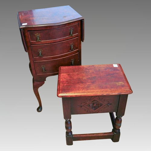225 - A reproduction oak stool seat, boxed seat, hinged top, carved detail to front, turned legs and plain... 