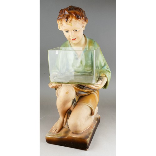 201 - A mid 20th Century painted plaster figure of a kneeling boy holding a glass fish bowl., impressed RD... 