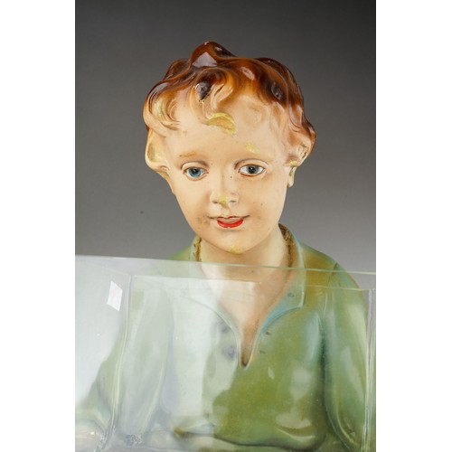 201 - A mid 20th Century painted plaster figure of a kneeling boy holding a glass fish bowl., impressed RD... 