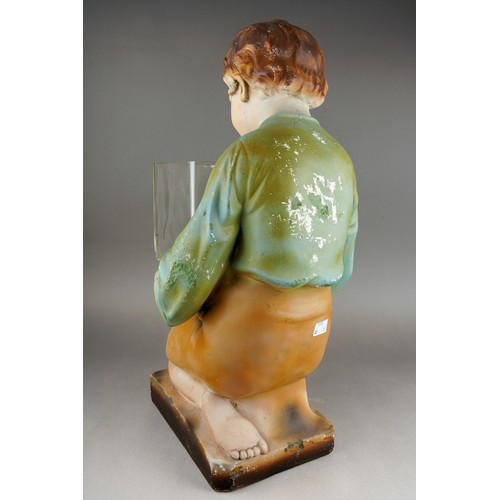 201 - A mid 20th Century painted plaster figure of a kneeling boy holding a glass fish bowl., impressed RD... 