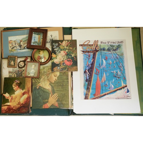 224 - Collection of artwork to include miniatures, etchings, and prints. ( 1 box and a large ar folder)