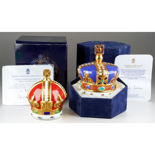 269 - Two boxed Royal Crown Derby limited edition crown paperweights, commemorating Queen Mother's 100th b... 