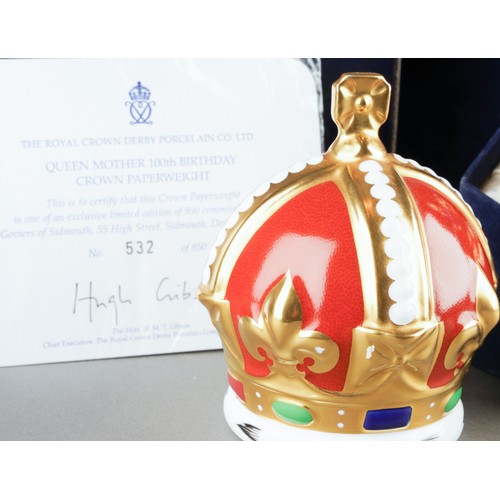 269 - Two boxed Royal Crown Derby limited edition crown paperweights, commemorating Queen Mother's 100th b... 