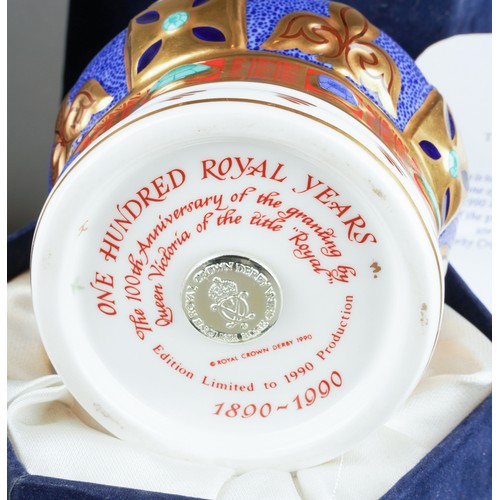 269 - Two boxed Royal Crown Derby limited edition crown paperweights, commemorating Queen Mother's 100th b... 