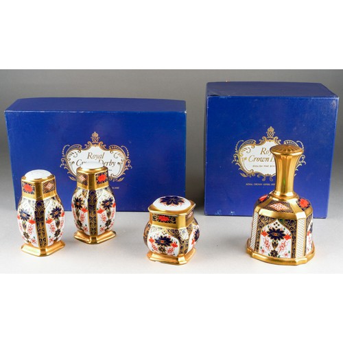 276 - A boxed Royal Crown Derby 1128 Imari solid gold band pattern bell of square form, first quality, pri... 