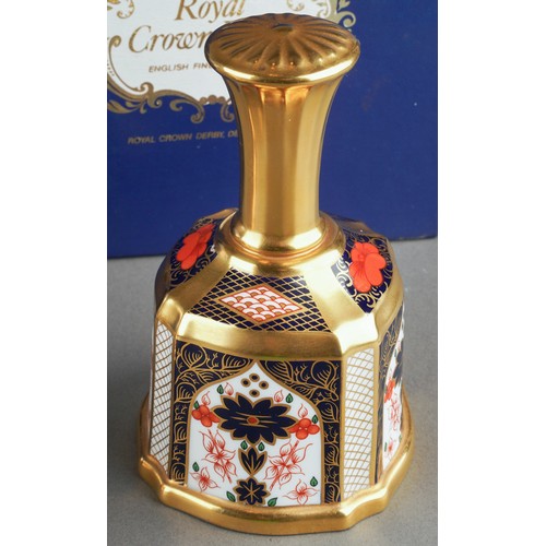 276 - A boxed Royal Crown Derby 1128 Imari solid gold band pattern bell of square form, first quality, pri... 