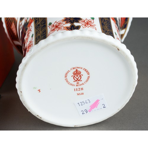 277 - A Royal Crown Derby 1128 Imari pattern conical vase with beaded rims, first quality, printed factory... 