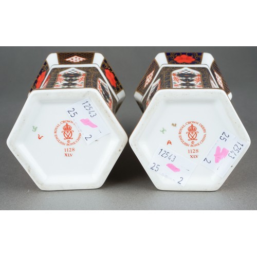 281 - A pair of Royal Crown Derby 1128 Imari pattern hexagonal vases, both first quality, printed factory ... 