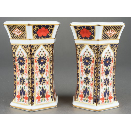 281 - A pair of Royal Crown Derby 1128 Imari pattern hexagonal vases, both first quality, printed factory ... 