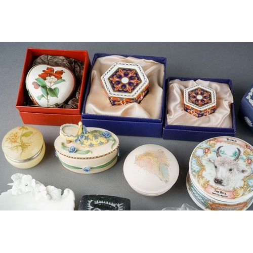 5 - A collection of ring / trinket boxes including two Royal Crown Derby A1297 Imari hexagonal boxes and... 