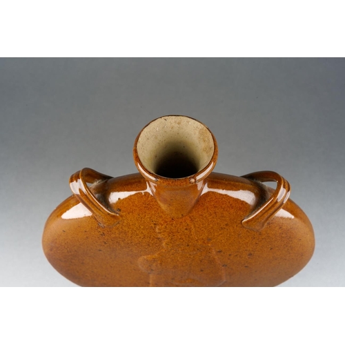 9 - A Stoneware two handled Pilgrim's Flask, body with Medieval Standing figure and Bishops profile in r... 