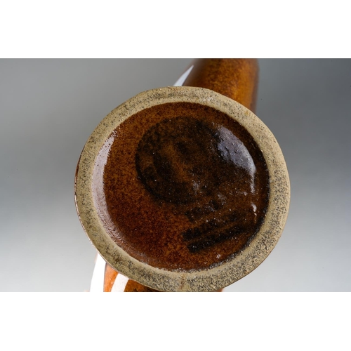 9 - A Stoneware two handled Pilgrim's Flask, body with Medieval Standing figure and Bishops profile in r... 